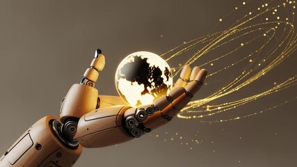 Robotic hand holding glowing digital globe with golden light trails streaming outward on futuristic background of innovation and technology - Powered by Adobe