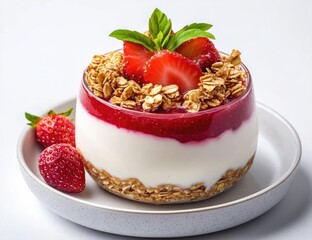 Strawberry Yogurt Parfait in Glass Bowl.  Fresh, layered dessert with yogurt, granola, and strawberry jam, topped with fresh berries and mint