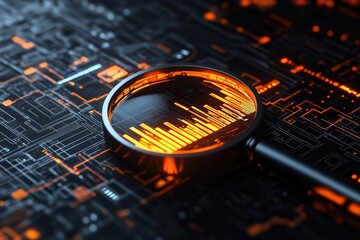 Magnifying glass over circuit board with glowing data visualization