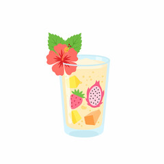 Tropical Fruit Smoothie with Hibiscus and Green Leaves Decoration.