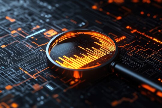 Magnifying glass over circuit board with glowing data visualization