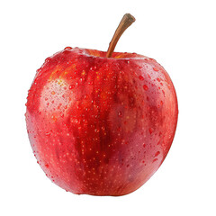 Close-up of a bright red apple, with water droplets,  showing a stem and a smooth, glossy surface