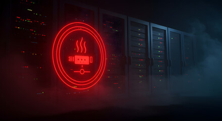 Data center with cooling warning sign illuminated in red neon light  