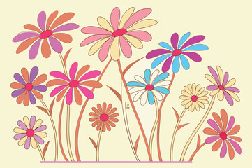 Assortment of colorful daisy like flowers on cream background