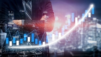 A businessman stands confidently with crossed arms, contemplating financial data charts that illustrate upward trends against a vibrant urban backdrop, symbolizing growth and future success. Copula