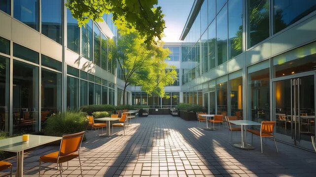 Modern office courtyard with glass walls, outdoor tables, orange chairs, and green trees creating open workspace under bright sunlight