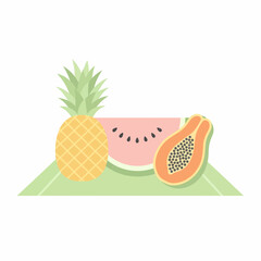 Stylized tropical fruit composition with pineapple watermelon slice and papaya half.