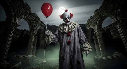 A creepy clown holding a red balloon stands among ancient ruins under the moonlight in a spooky scene