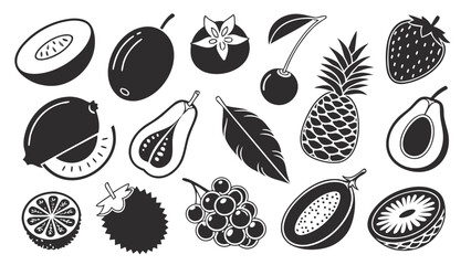 Fototapeta premium Black and white vector illustration of various tropical fruits in a simple line art style design