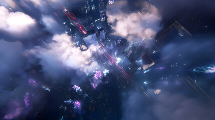 Obraz premium Expansive city landscape under a dramatic sky filled with numerous clouds creating a unique atmosphere