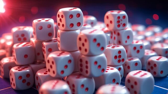 Pile of white casino dice with red dots stacked on gaming table under glowing lights creating vibrant scene of chance and entertainment play