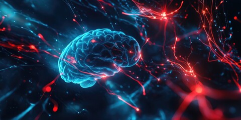 Obraz premium Abstract representation of a brain with glowing neural pathways. A 3D model of a stylized brain in vibrant blue is surrounded by dynamic, red and blue glowing neural pathways. 