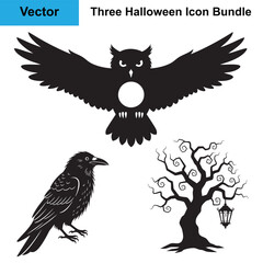 Owl Crow Tree Silhouette Halloween Vector Bundle