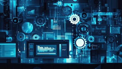 Abstract digital dashboard,  gears, screens, data visualization