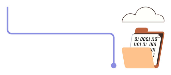 Folder with binary data file connected to cloud via digital line. Ideal for cloud computing, digital storage, data hosting, online backup, software development, technology, simple flat metaphor