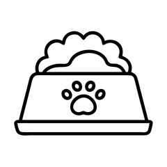 Dog food bowl vector icon, pet food dish with paw print, animal feeding supply illustration, pet care