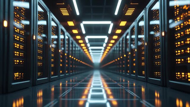 Futuristic corridor of illuminated data center server racks with glowing lights and reflective floor in modern technology infrastructure hall