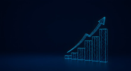 3D graph chart illustrating upward trend with blue neon effect  