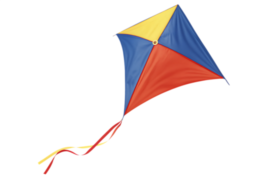 Vibrant kite soaring skyward sporting bold red blue yellow isolated on a transparent background