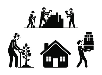 Team of builders constructing a house and gardener planting a tree, symbolizing teamwork and progress.