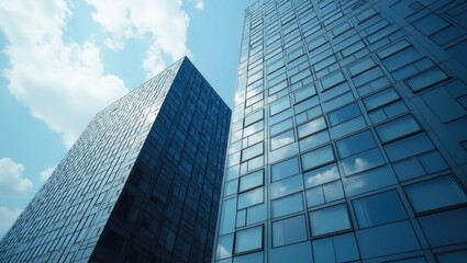 Obraz premium Modern skyscrapers against a partly cloudy sky.