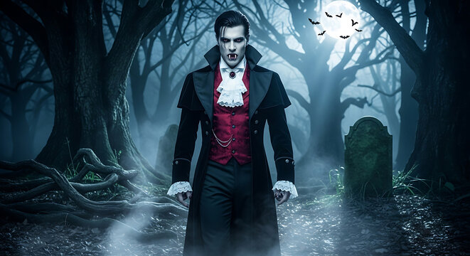 A vampire in a dark forest with a full moon and bats flying overhead in a halloween scene setting
