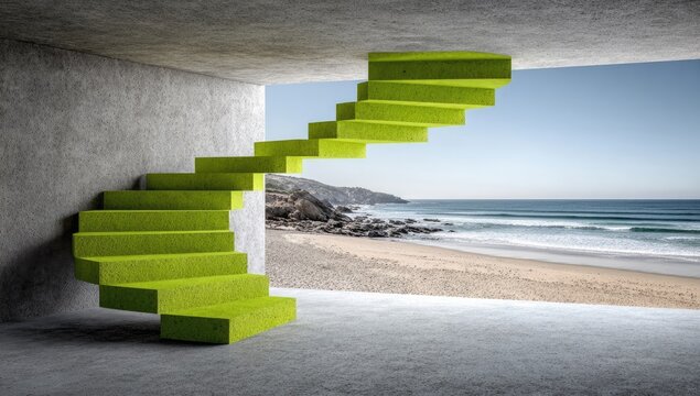 Lime-green spiral staircase in a modern concrete structure, overlooking a beach - Powered by Adobe
