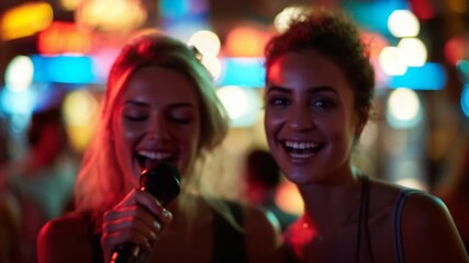 Woman singing karaoke with friends at night