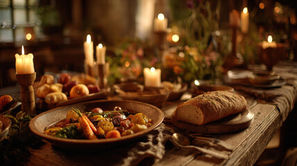 Fototapeta premium Luxurious holiday dinner table with candles traditional feast dishes and elegant warm lighting