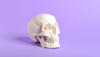 A model of a human skull against a vibrant purple background.