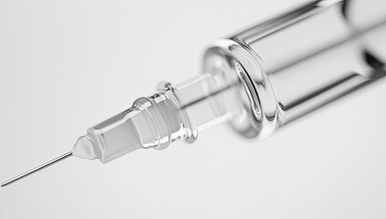 Transparent medical syringe, close-up.  Clear glass-like components, sharp needle
