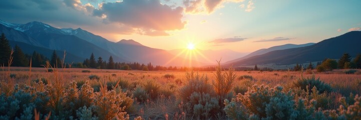 Obraz premium Mountain vista at sunset over a meadow.
