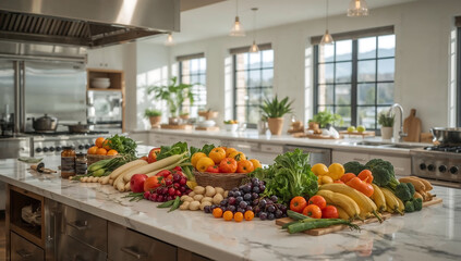 Photo of abundance of fresh produce displayed on a kitchen island in a bright and modern home interior