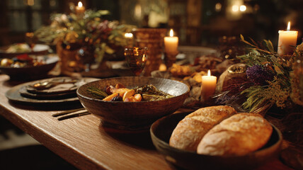 Traditional autumn thanksgiving dinner table with roasted turkey candles and seasonal harvest foods