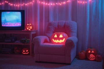 Halloween Living Room with Jack-o’-Lanterns and Spilled Popcorn