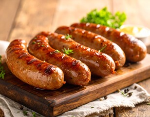 Bratwurst Sausage on Wooden Board