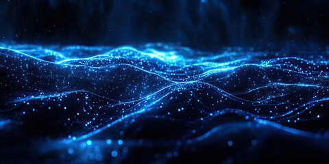 Abstract digital landscape of glowing blue particles