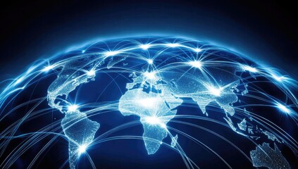 Global network, world interconnected by glowing lines.  A digital representation of the Earth with glowing light trails connecting continents
