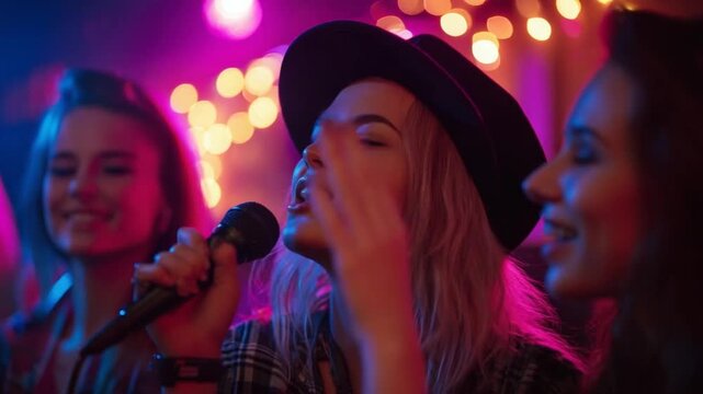 Woman singing karaoke with friends in a bar
