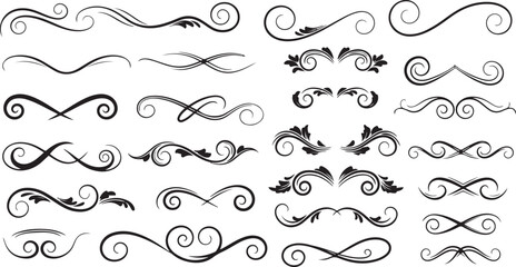 Obraz premium Assortment of black decorative flourishes and ornamental swirls on white background