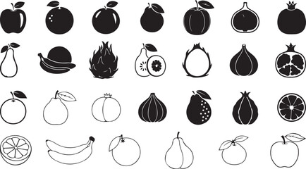 Collection of black and white fruit icons including apples oranges pears pomegranates figs