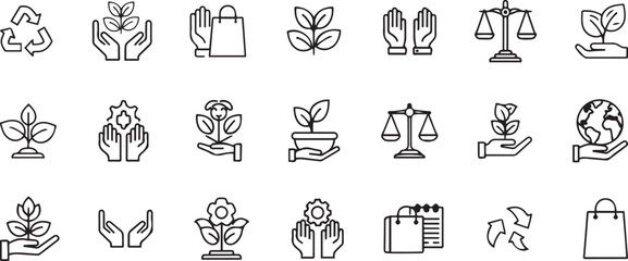 Eco- Friendly and Sustainability Icons Featuring Plants, Hands, and Earth Symbolism