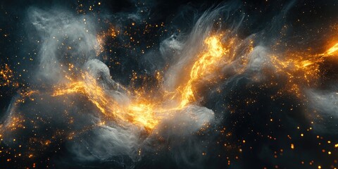 Abstract swirling nebula of fiery and smoky streams against a dark backdrop