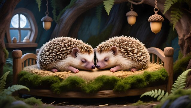 Two hedgehogs sleeping peacefully in cozy forest bed at night, fairy tale children&rsquo;s illustration