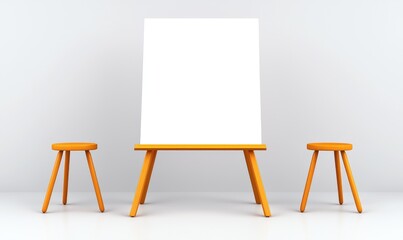 A minimalist depiction of an artist's setup a blank white canvas on an easel, flanked by two small orange stools, all set against a plain white backdrop. Clean lines and vibrant color
