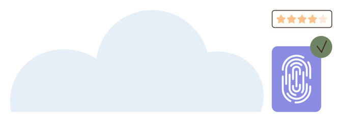 Cloud symbol, biometric fingerprint verification, and user rating stars emphasize data security, user trust, and quality assurance. Ideal for technology, security, data, cloud computing privacy