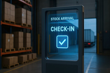 Stock arrival check in digital display in warehouse with stacked cardboard boxes and loading dock, showing efficient inventory management and logistics process
