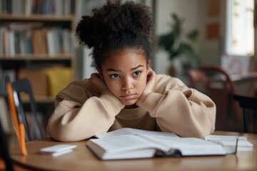 Bored student looking at book in the library
