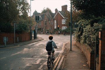 Student riding bicycle in residential neighborhood after school