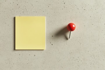 A pale yellow sticky note and a red pushpin on a light beige textured surface